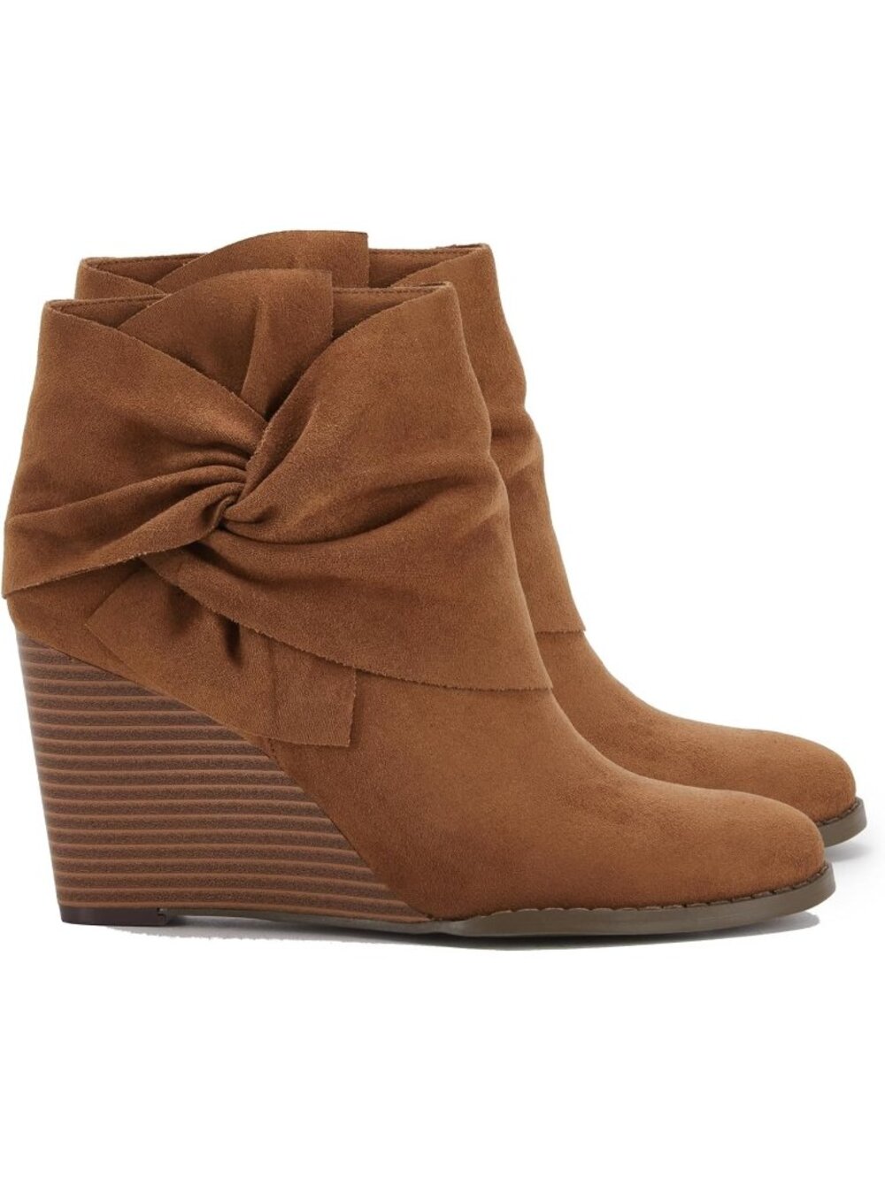 Women's Brown Faux Suede Bow Knot Stacked Wedge Dress Western Ankle Heels Boots